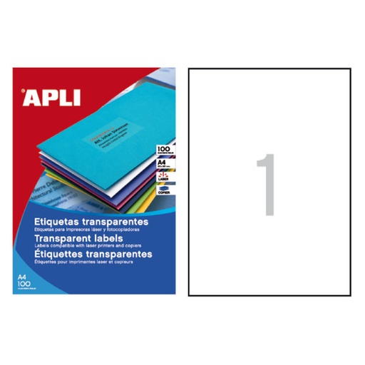 [ETACP01225] Etiquetas Adhesivas transparentes A4 Apli - Caja de 20 uds[01225] 