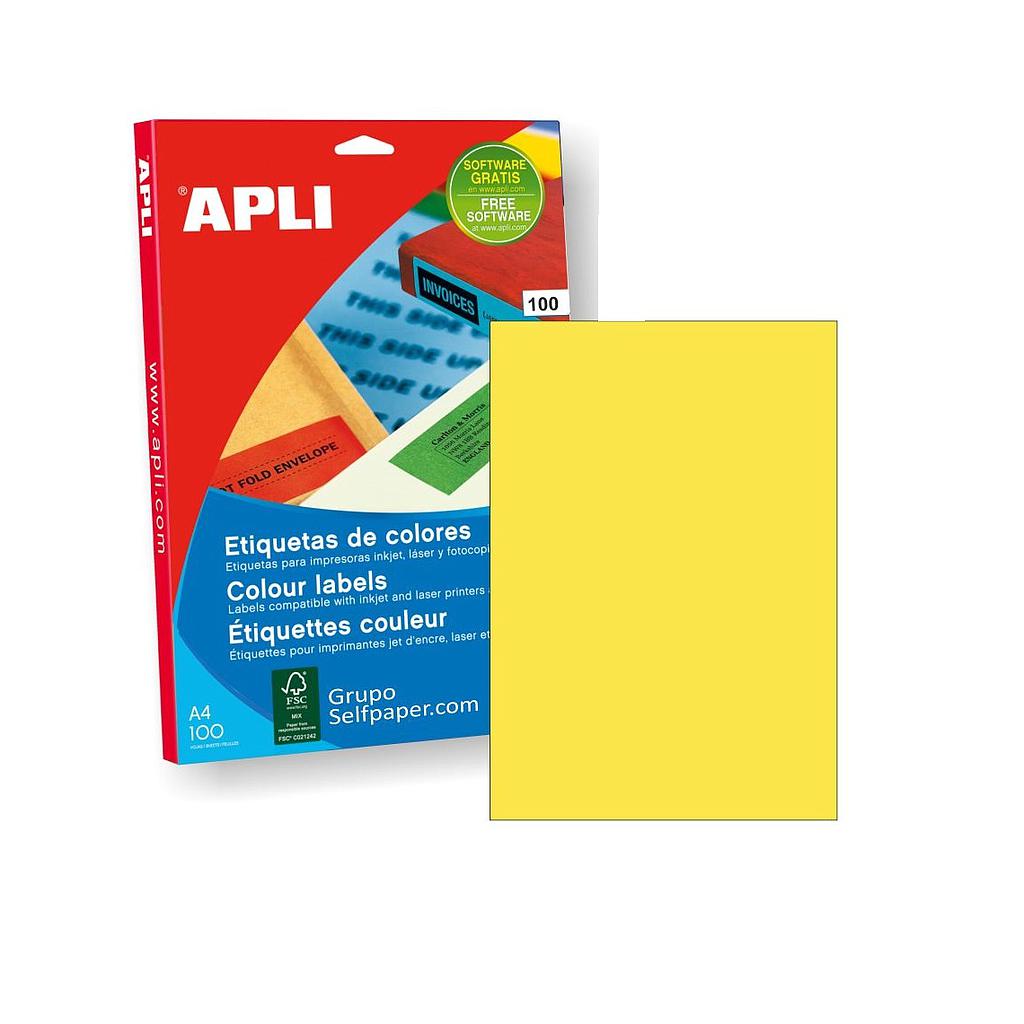 CAJA DE 100 HOJAS DE ETIQUETAS ADHESIVAS COLOR AMARILLO A4 210x297mm APLI Ref. 11838