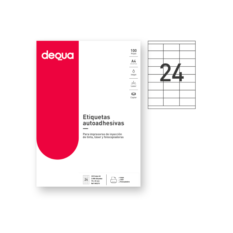 CAJA DE 100 HOJAS DE ETIQUETAS ADHESIVAS BLANCAS TAMAÑO:70x35mm. DEQUA