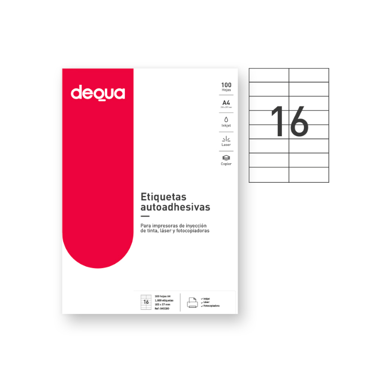 CAJA DE 100 HOJAS DE ETIQUETAS ADHESIVAS BLANCAS TAMAÑO:105x37mm. DEQUA..