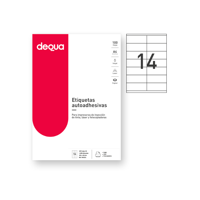 CAJA DE 100 HOJAS DE ETIQUETAS ADHESIVAS BLANCAS TAMAÑO:105x40mm. DEQUA