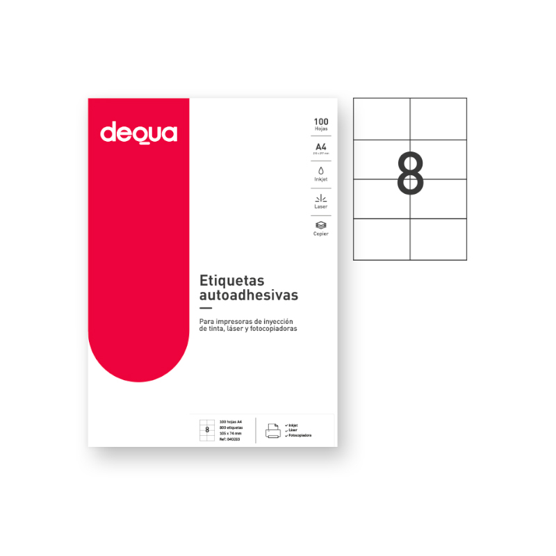 CAJA DE 100 HOJAS DE ETIQUETAS ADHESIVAS BLANCAS TAMAÑO:105x74mm DEQUA