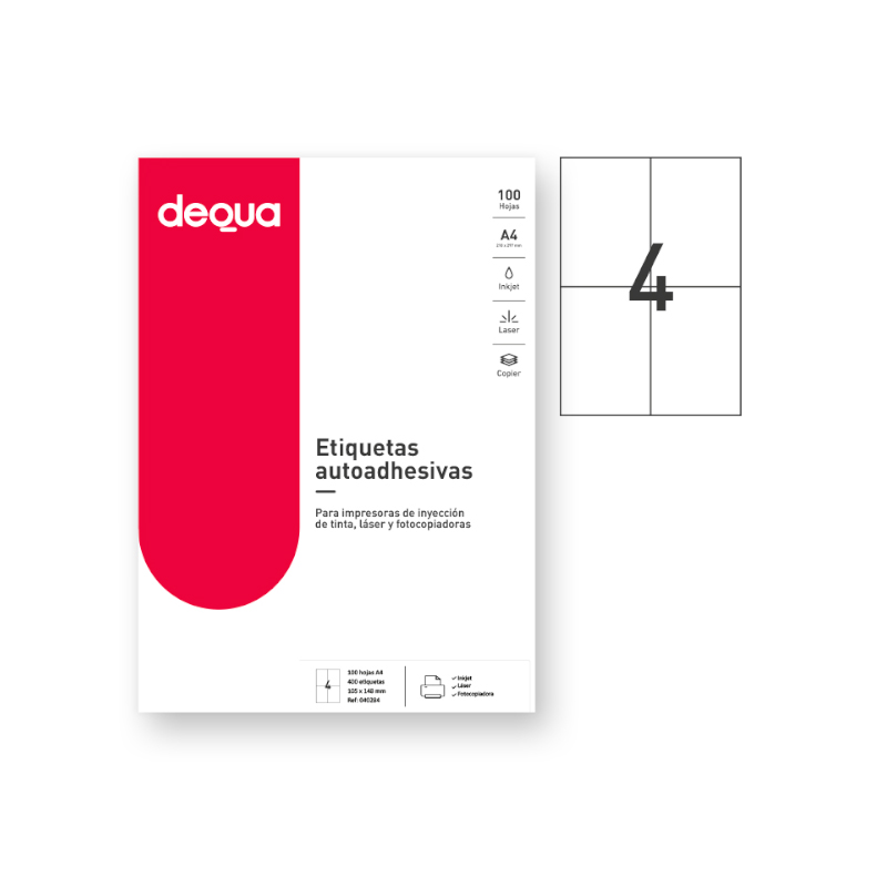 CAJA DE 100 HOJAS DE ETIQUETAS ADHESIVAS BLANCAS TAMAÑO: 105x148mm DEQUA