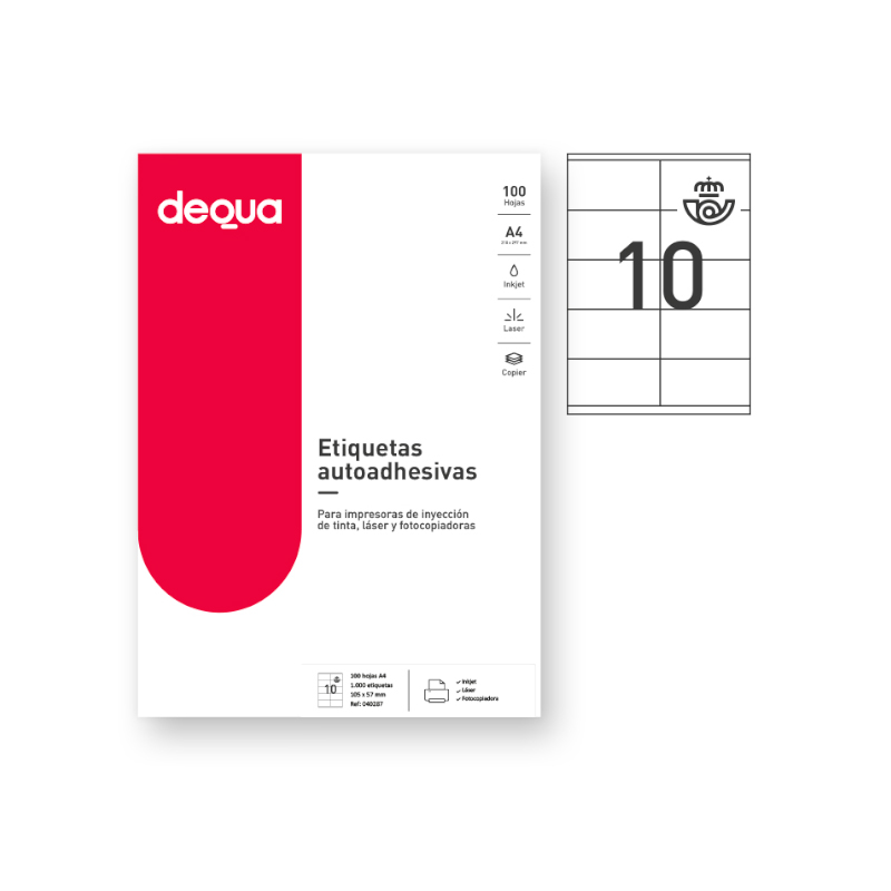 CAJA DE 100 HOJAS DE ETIQUETAS ADHESIVAS BLANCAS TAMAÑO:105x57mm DEQUA 780287