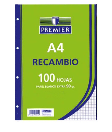 RECAMBIO 100 HOJAS A4 4 ANILLAS HORIZONTAL 90gr PREMIER Ref. C516-A4-90