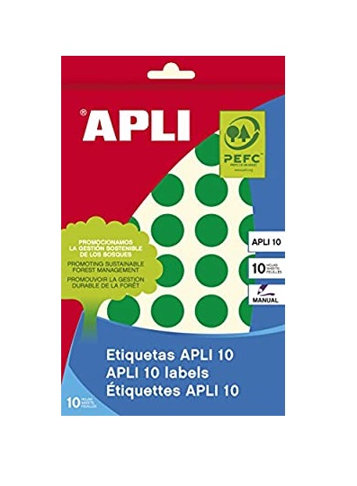 SOBRE ETIQUETA ADHESIVA VERDE 19mm APLI 10 Ref. 02745