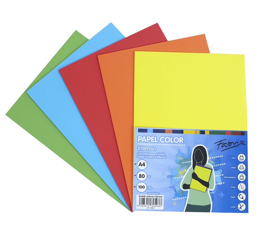 PAQUETE 100 HOJAS PAPEL A4 80grs 5 COLORES INTENSOS SURTIDOS FABRISA Ref. 16328
